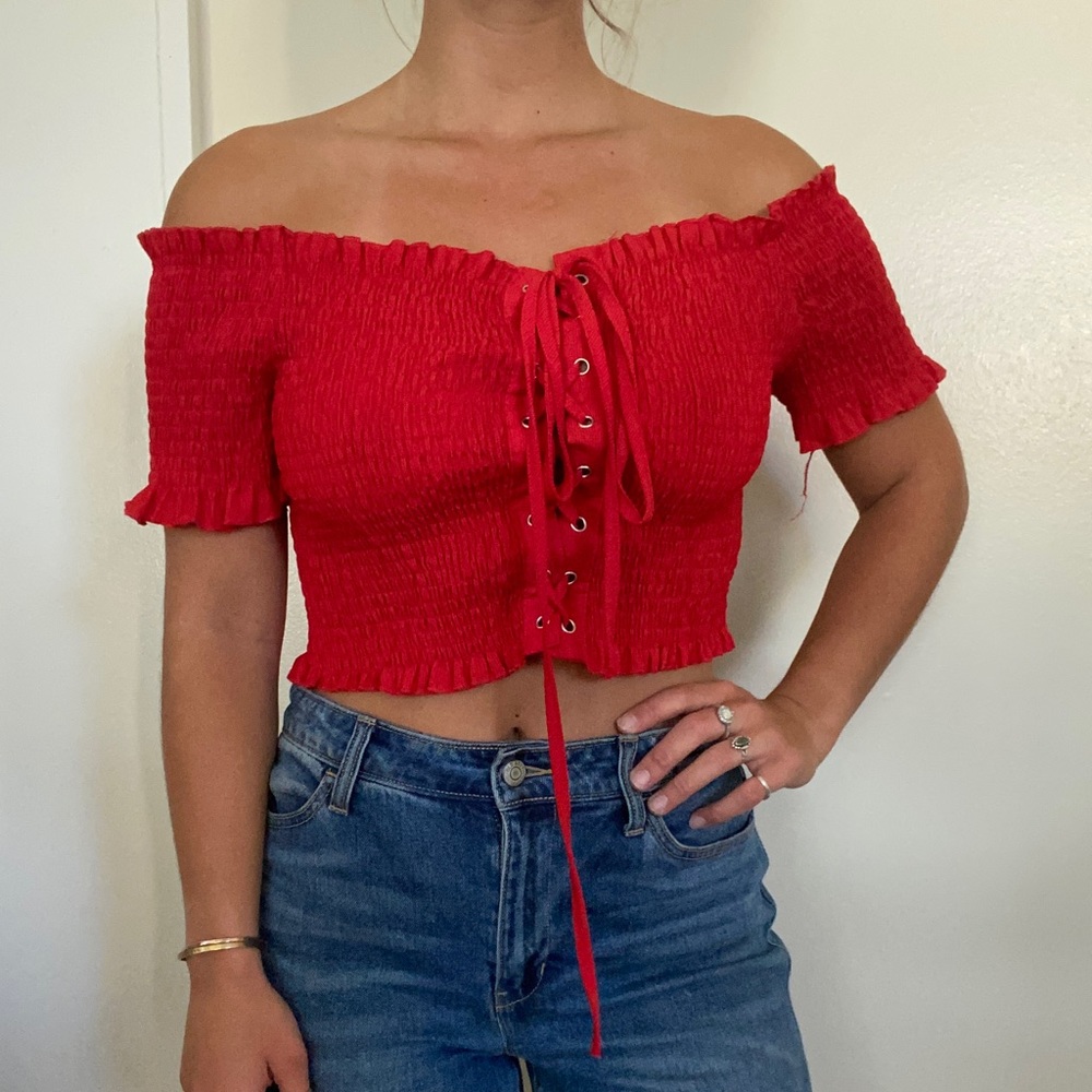 Red Lace Up Top NWOT